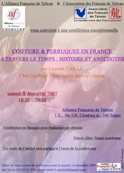 Affiche d'une Conférence d'Histoire de la Coiffure et des Perruques de Laurent Caille. recto.